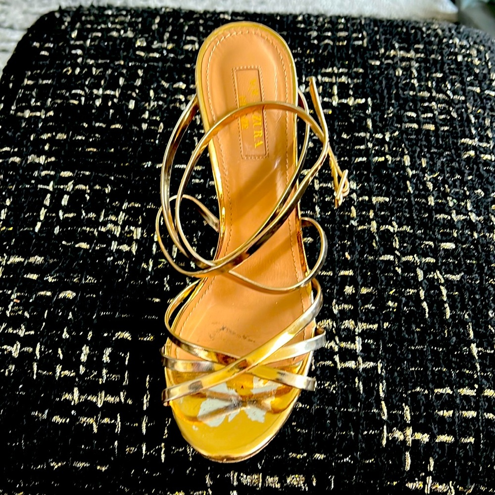 Aquazzura Gold Leila Ankle Strap Sandal Heels 8.5 / 36.5